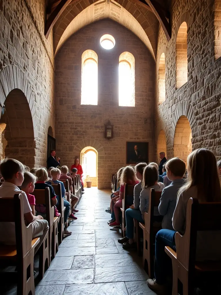 A photograph of a group of children participating in an educational workshop at the castle, learning about the history and architecture of the site.