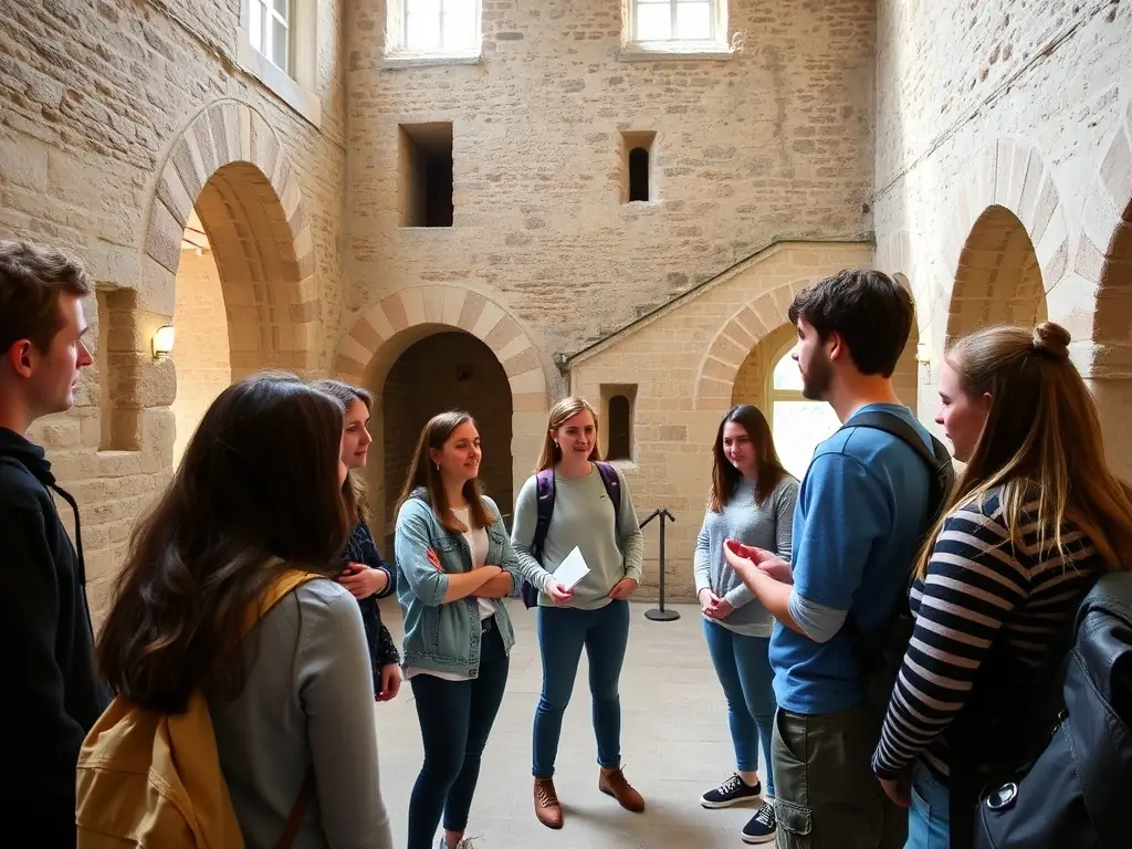 A photograph of students on an educational tour of Château de Lapalice, learning about its history and cultural significance.