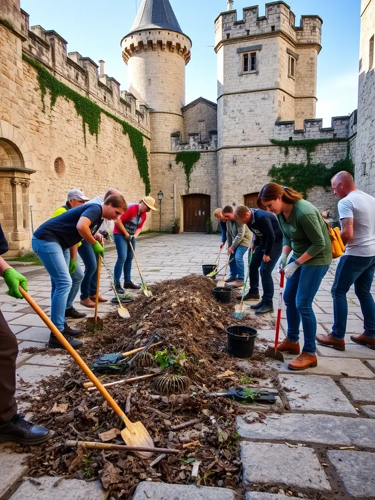 A photograph capturing volunteers working on the castle grounds, clearing debris and preparing the area for restoration, showcasing the hands-on effort involved in preserving the historical site.