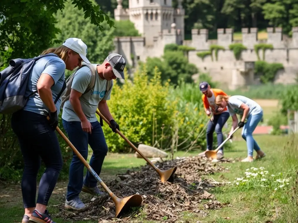 A photograph showcasing volunteers participating in a castle cleanup day, removing debris and maintaining the grounds of Château de Lapalice.