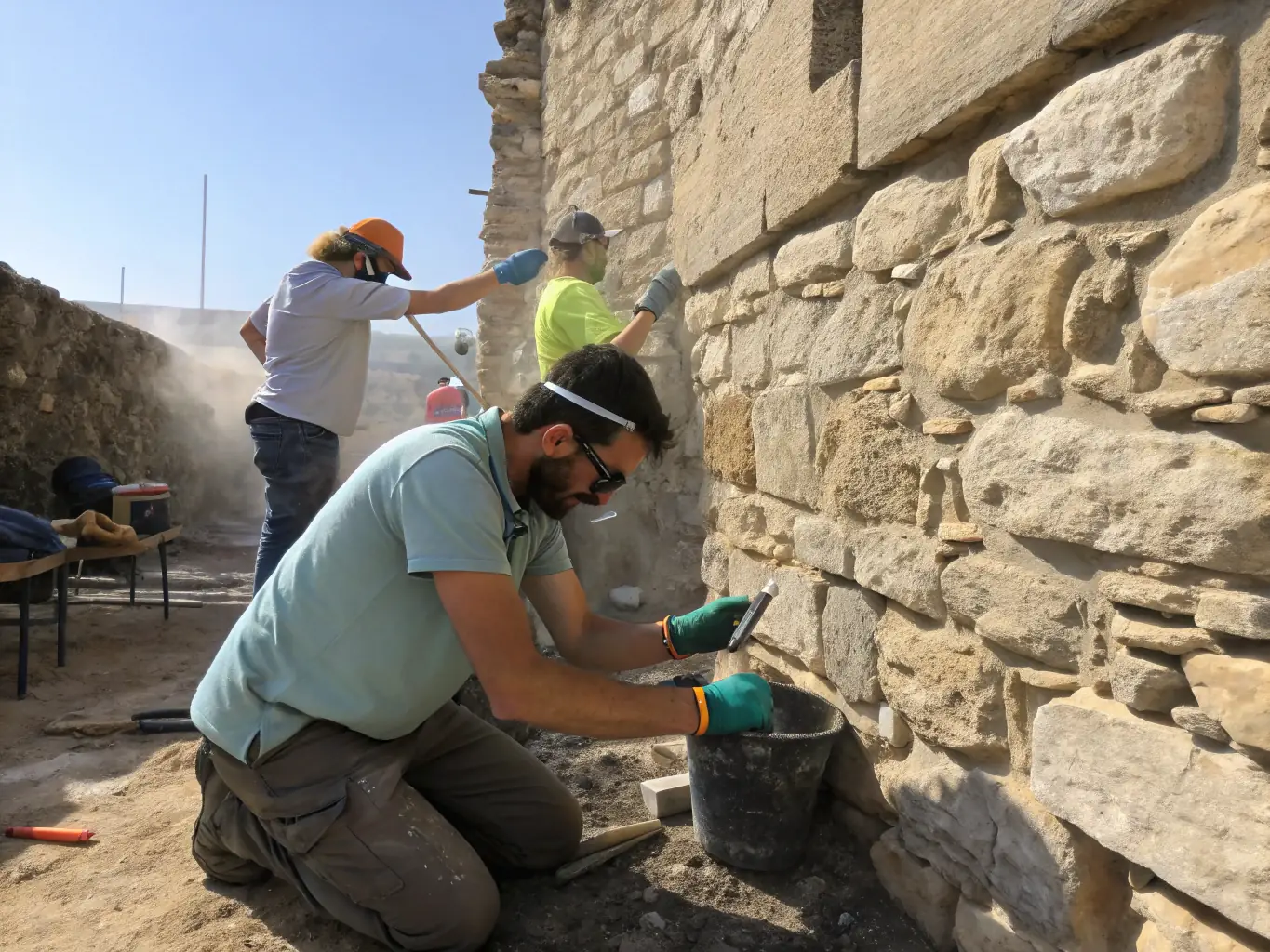 A detailed image of conservation work being carried out on the castle's stone walls, showcasing restoration efforts.